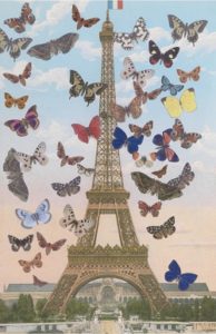 The Eiffel Tower with butterflies flying around it
